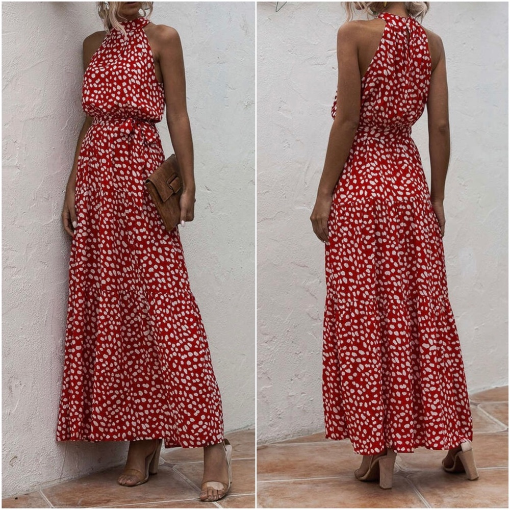 Boho Red White leopard Print Halter Ruffle Maxi Dress - Picture 11 of 13